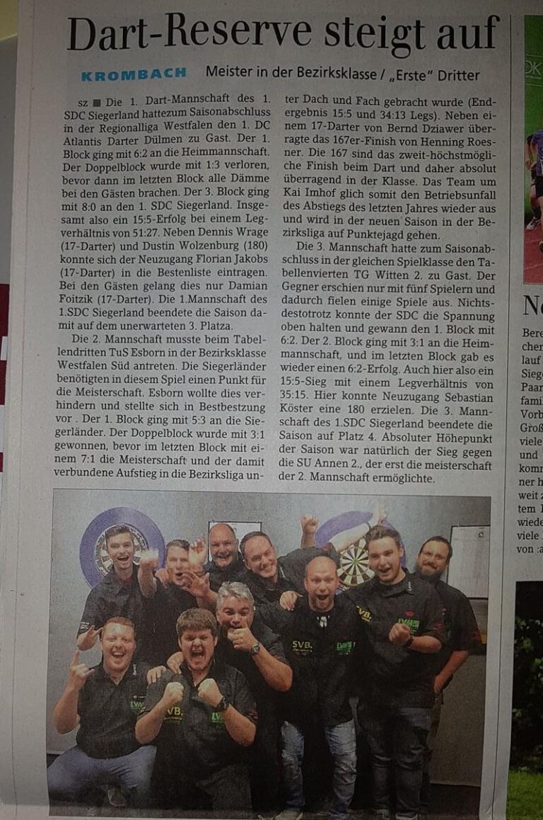 Der Wiederaufstieg der zweiten Mannschaft 17/18 fand auch in der Siegener Zeitung Erwähnung